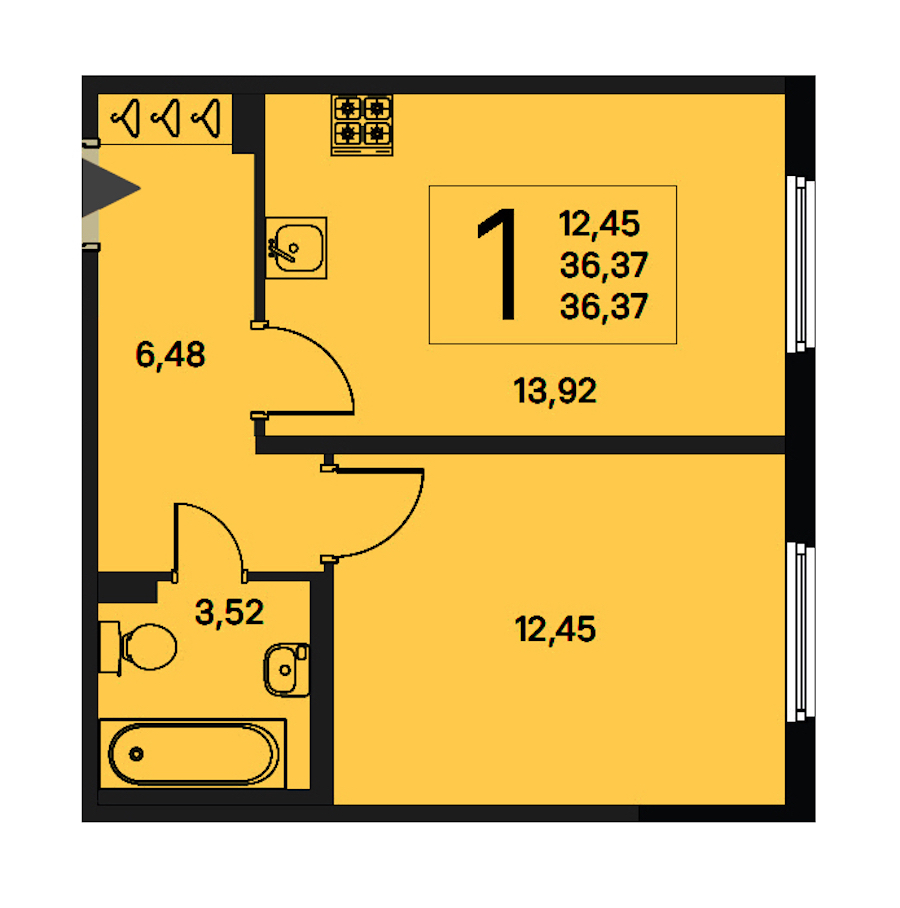 1-комнатная квартира 36.37 м², 1/4 эт., ЖК «Новое Сертолово. Гармония»